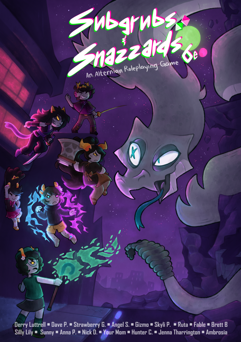 the cover of subgrubs and snazzards, depicting trolls of different castes fighting a singular enemy in the midst of a tattered subgrub.